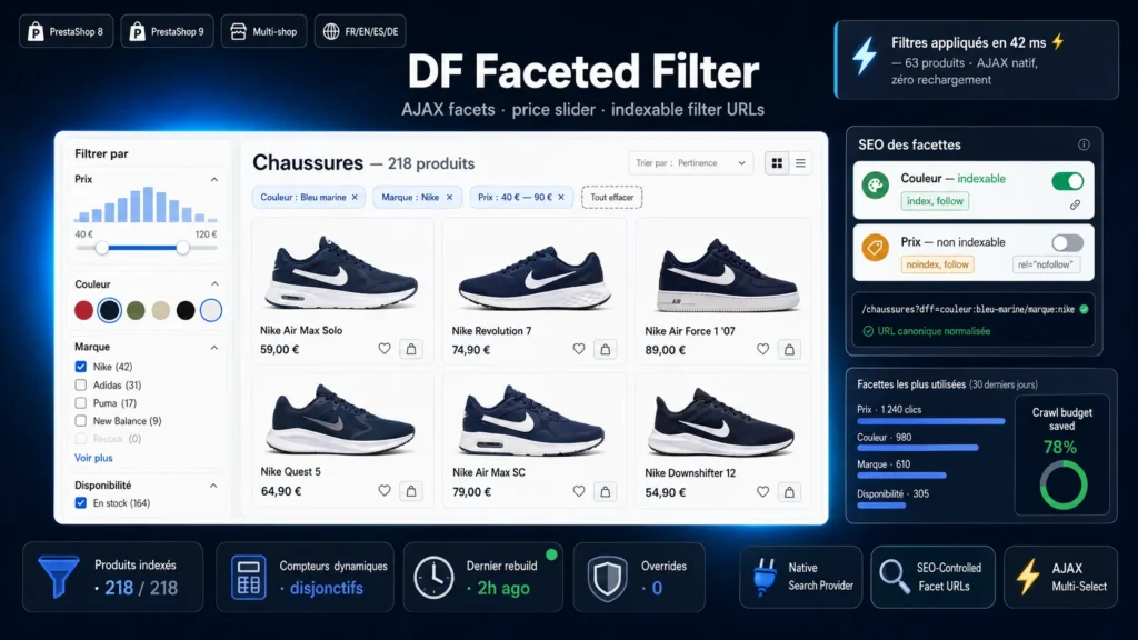 Filtres à facettes AJAX sur une page catégorie PrestaShop, avec slider de prix et compteur de résultats