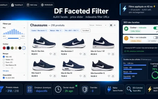 AJAX-Facettenfilter auf einer PrestaShop-Kategorieseite mit Preis-Slider und Trefferzahl