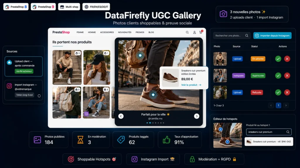 Shoppable Instagram-style customer photo gallery on a PrestaShop store