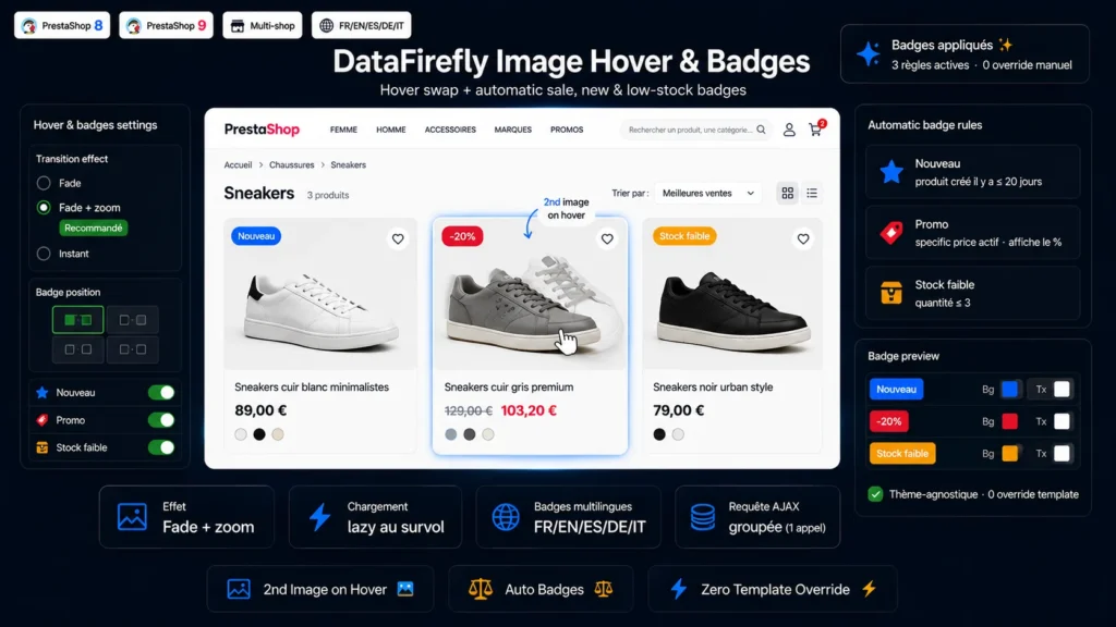 Seconde image au survol et badges automatiques sur les vignettes produit PrestaShop