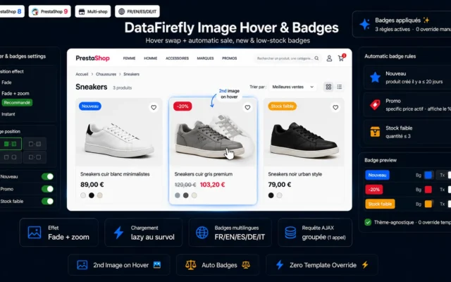 Zweites Bild beim Hover und automatische Badges auf PrestaShop-Produktbildern