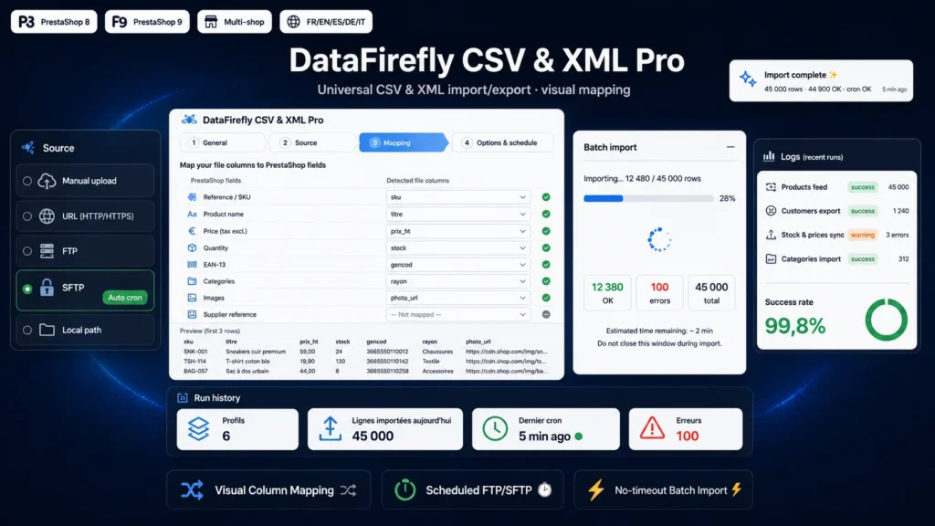 Import Export CSV & XML PrestaShop 8 & 9 — Mapping Visuel, Imports Planifiés FTP/SFTP
