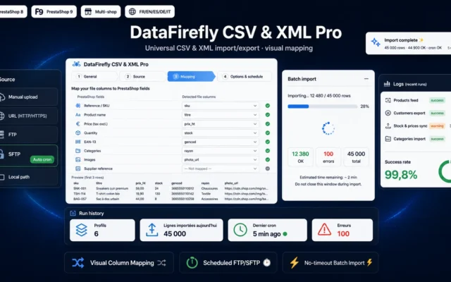 Import Export CSV & XML PrestaShop 8 & 9 — Mapping Visuel, Imports Planifiés FTP/SFTP