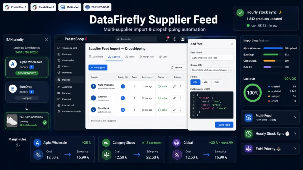 Import Fournisseurs & Dropshipping PrestaShop 8 & 9 — Flux CSV, XML, JSON
