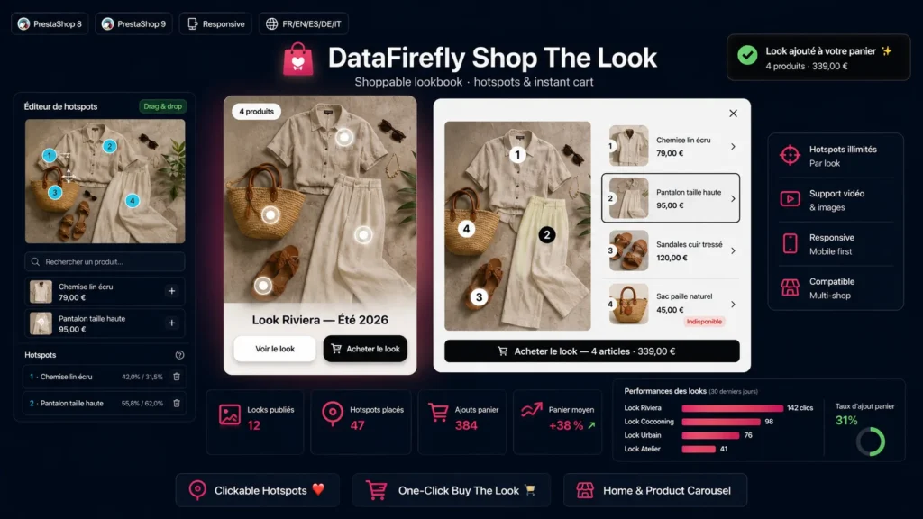 Shoppable PrestaShop lookbook with clickable hotspots opening product pages