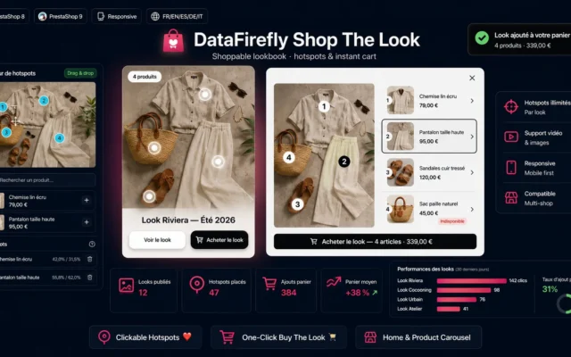 Shoppable PrestaShop lookbook with clickable hotspots opening product pages