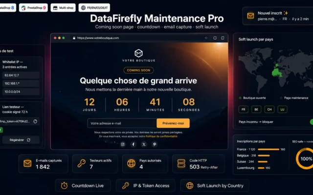 Page de maintenance et compte à rebours « bientôt disponible » sur une boutique PrestaShop