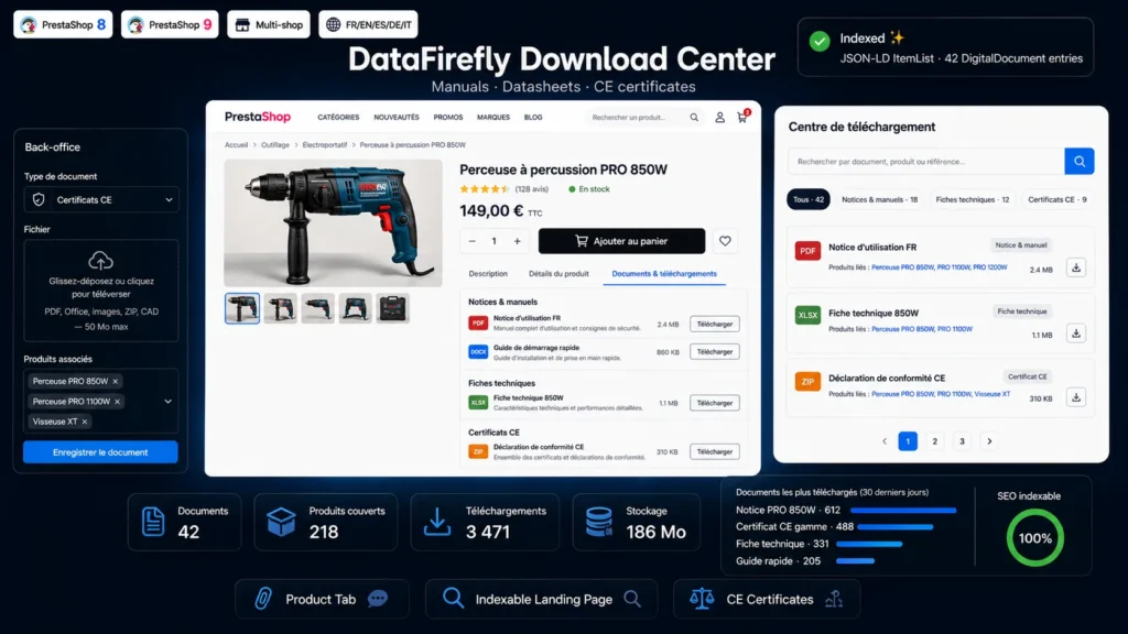 Module Documents & Téléchargements PrestaShop 8 & 9 — Notices, Fiches Techniques, Certificats CE en Fiche Produit + Page Centrale Indexable