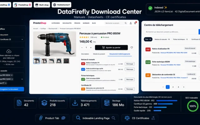 Module Documents & Téléchargements PrestaShop 8 & 9 — Notices, Fiches Techniques, Certificats CE en Fiche Produit + Page Centrale Indexable