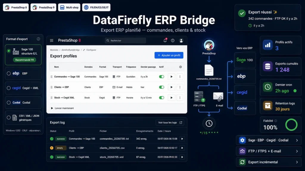 Module Export ERP PrestaShop 8/9 — Sage 100, EBP, Cegid, Codial