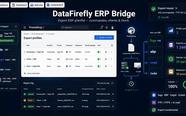 Module Export ERP PrestaShop 8/9 — Sage 100, EBP, Cegid, Codial