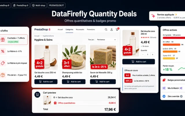 Offre X achetés Y offerts affichée avec un badge promo sur une fiche produit PrestaShop