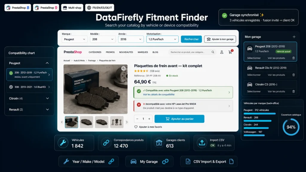 Seletor de pesquisa por veículo numa loja PrestaShop de peças automóveis