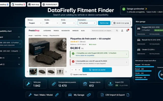 Module Recherche par Véhicule PrestaShop 8 & 9 — Compatibilité Pièces Auto, Sélecteur Année/Marque/Modèle & Mon Garage