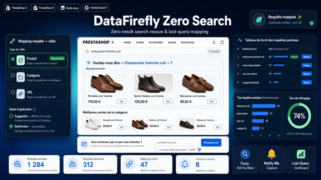 Page de rattrapage pour les recherches sans résultat dans PrestaShop, avec alertes produit