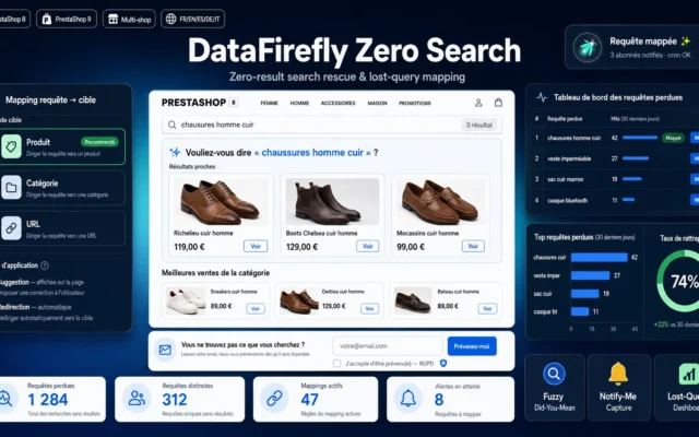 Page de rattrapage pour les recherches sans résultat dans PrestaShop, avec alertes produit