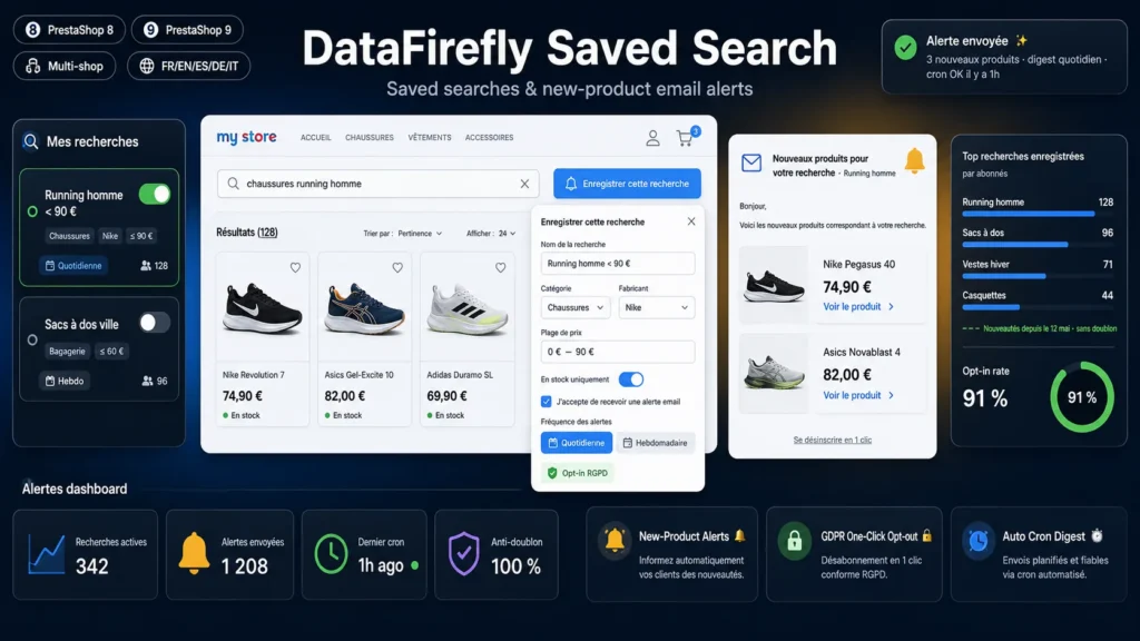 Recherches sauvegardées et alertes de nouveaux produits pour les clients PrestaShop