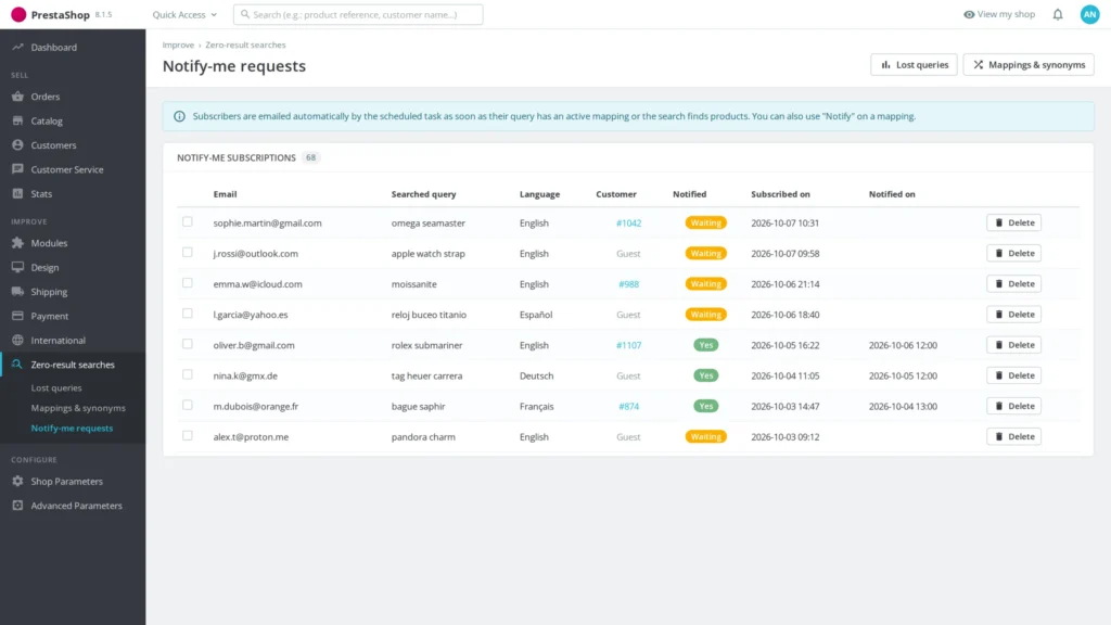 Module Zoekopdracht Zonder Resultaat PrestaShop 8/9: Inhaalpagina & Productmeldingen