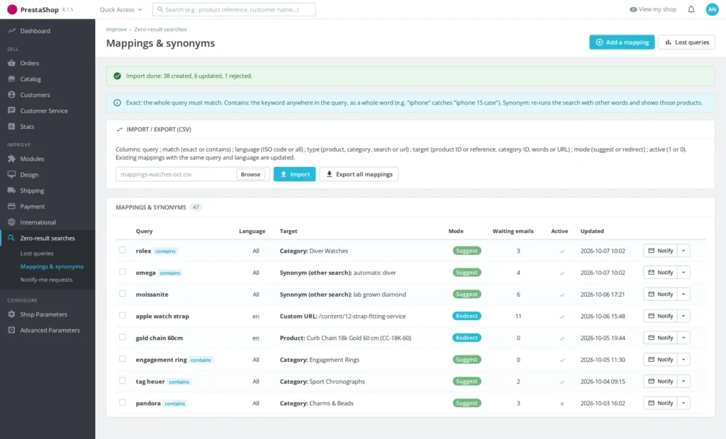 Module Zoekopdracht Zonder Resultaat PrestaShop 8/9: Inhaalpagina & Productmeldingen