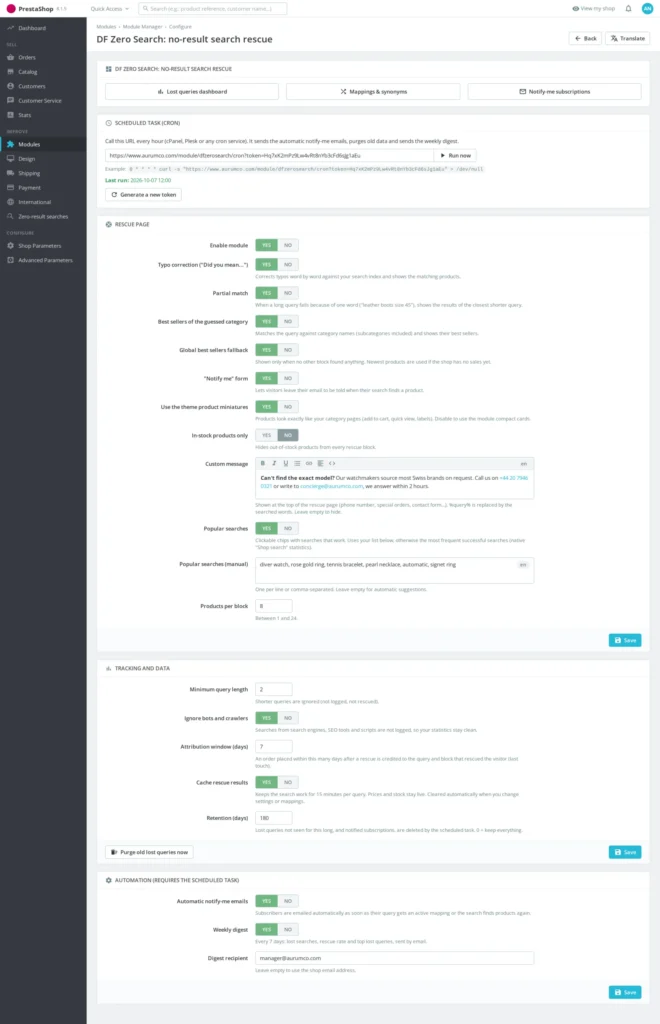 Module Zoekopdracht Zonder Resultaat PrestaShop 8/9: Inhaalpagina & Productmeldingen