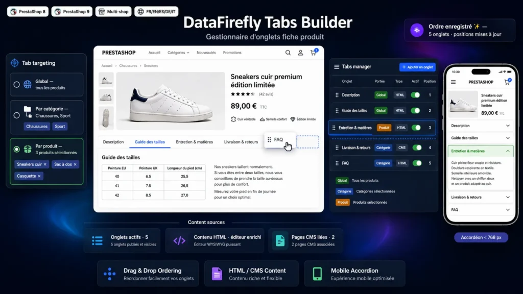 Drag-and-drop manager for PrestaShop product page tabs