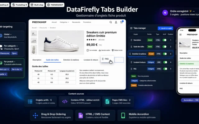 Gestionnaire d'onglets de fiche produit PrestaShop en glisser-déposer
