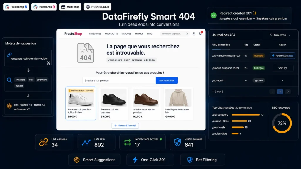 Page 404 Intelligente PrestaShop 8 & 9 — Suggestions Produits & Redirections 301