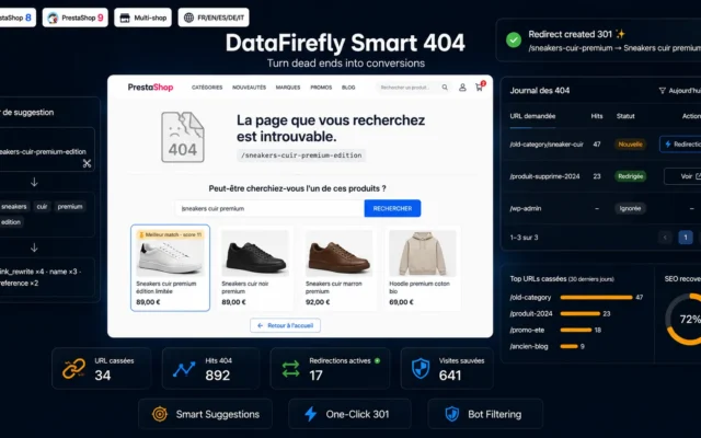 Page 404 Intelligente PrestaShop 8 & 9 — Suggestions Produits & Redirections 301