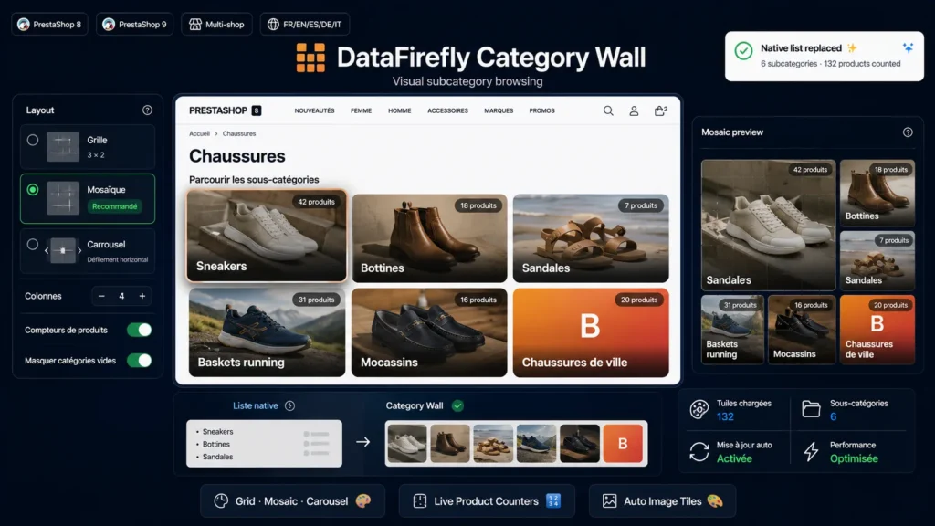 Página de categoría de PrestaShop que muestra las subcategorías como mosaicos de imágenes