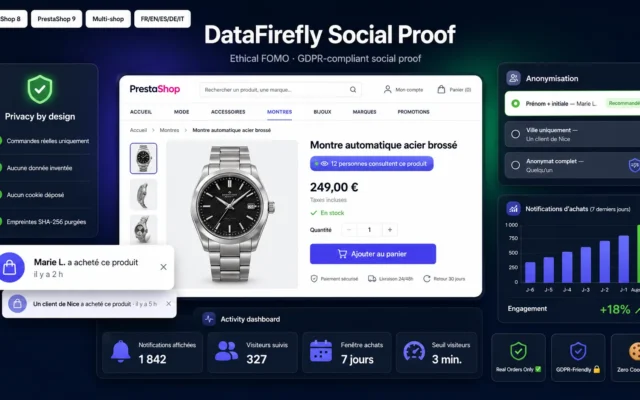 Notifications de preuve sociale affichant achats récents et visiteurs en direct sur PrestaShop