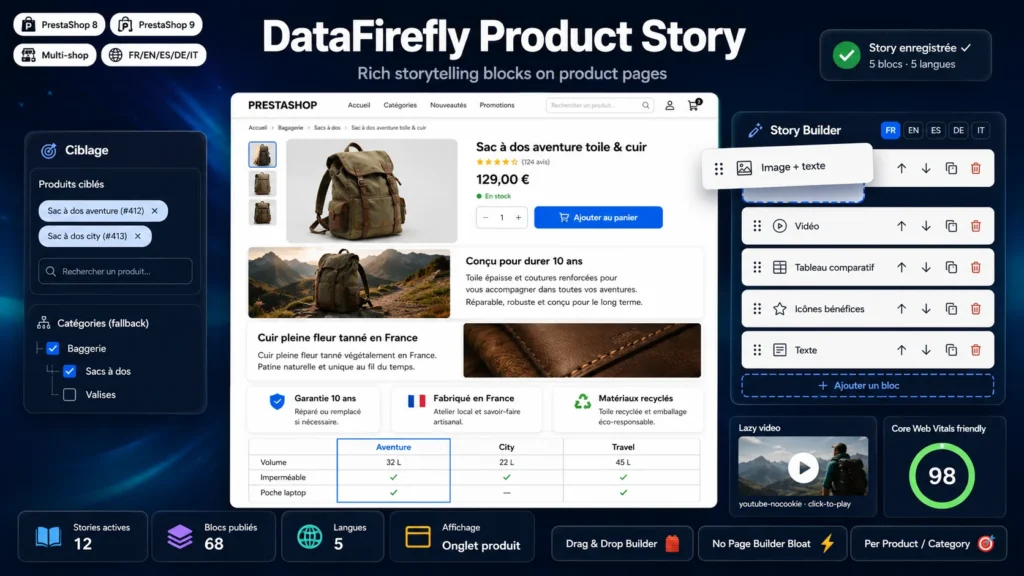 Drag-and-drop storytelling blocks arranged on a PrestaShop product page