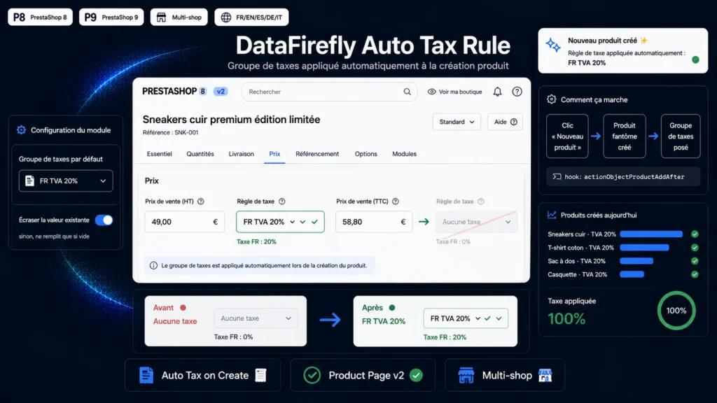 Règle de taxe par défaut automatique à la création produit — PrestaShop 8 & 9