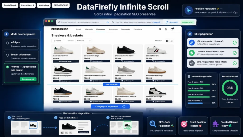 Infinite Scroll auf einer PrestaShop-Kategorieseite mit SEO-Paginierung und Positionsrückkehr