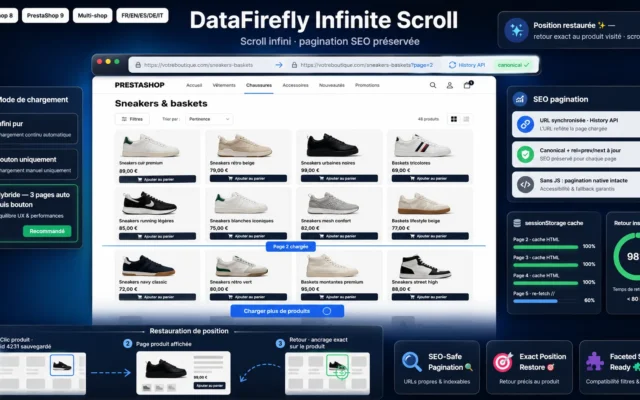 Scroll infini sur une page catégorie PrestaShop, avec pagination SEO et retour à la position