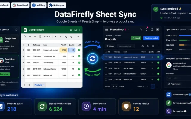 Synchronisation Google Sheets Bidirectionnelle — Éditez prix, stock & titres dans un Sheet, sync auto vers PrestaShop (PrestaShop 8 & 9)