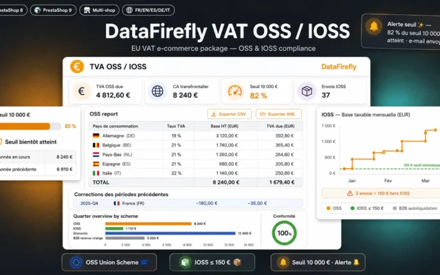 Schermata di dichiarazione IVA OSS e IOSS in PrestaShop con monitoraggio della soglia di 10.000 €