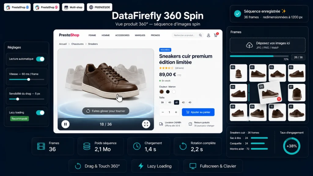 360-degree spin viewer rotating a product on a PrestaShop product page