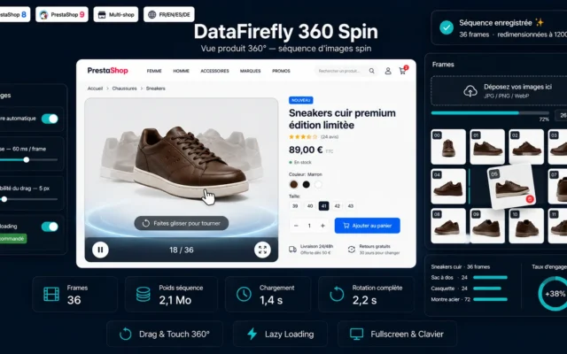360-degree spin viewer rotating a product on a PrestaShop product page