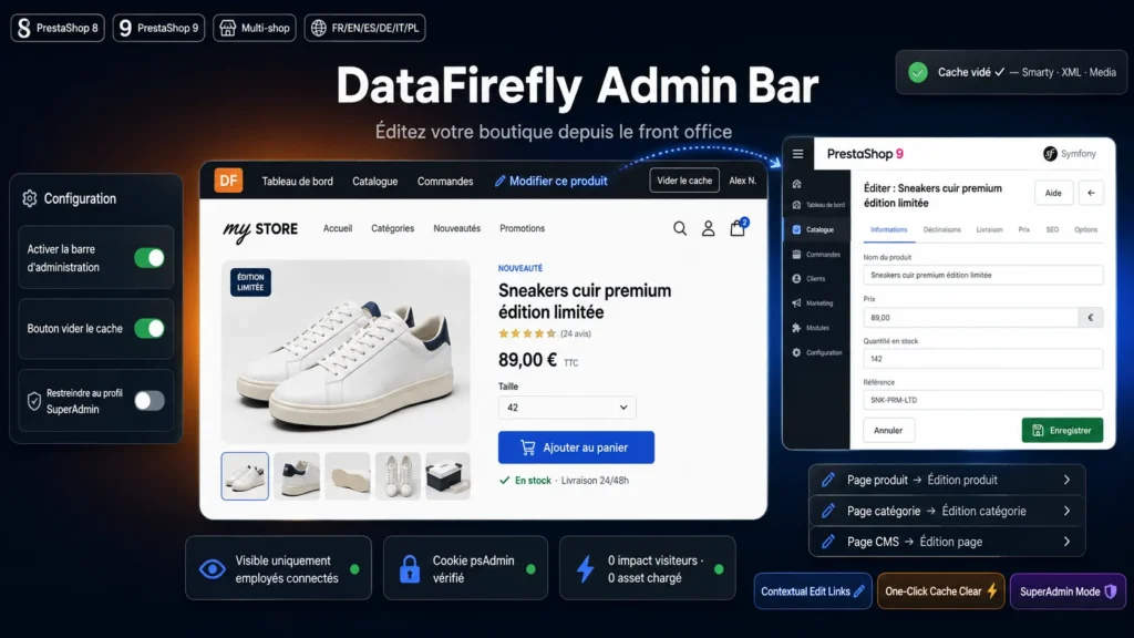 Barra de administración negra en el front office de PrestaShop con enlace Editar este producto