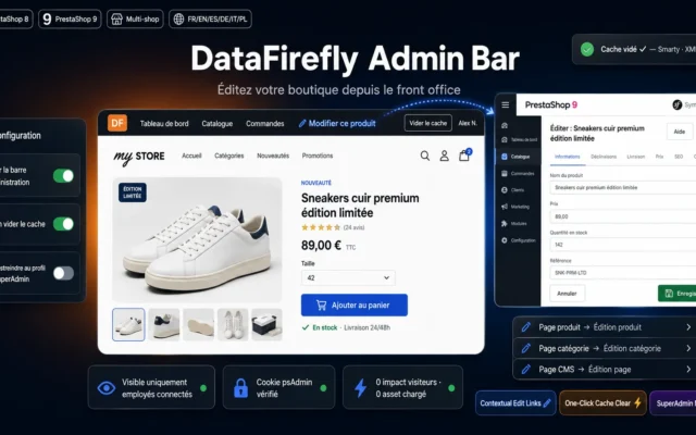 Czarny pasek administracyjny we front office PrestaShop z linkiem Edytuj ten produkt