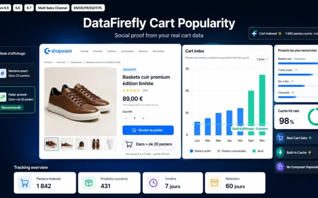Odznaka „W ponad 20 koszykach” wyświetlona pod blokiem zakupu na karcie produktu Shopware 6