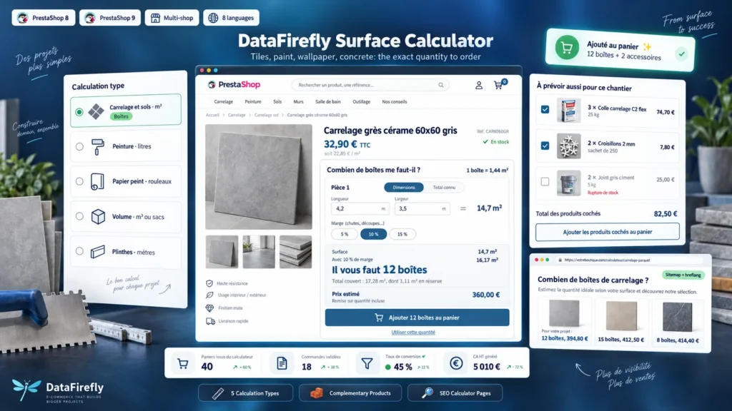 Calculadora de quantidade para azulejos, tinta e papel de parede numa ficha de produto PrestaShop 8 e 9