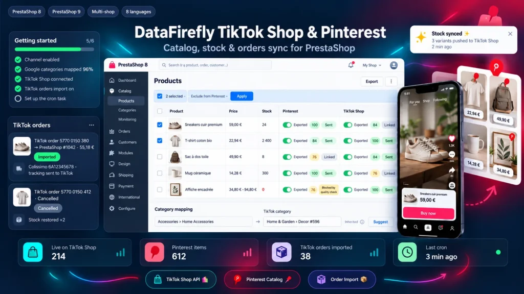 Connettore TikTok Shop e Catalogo Pinterest per PrestaShop 8 e 9