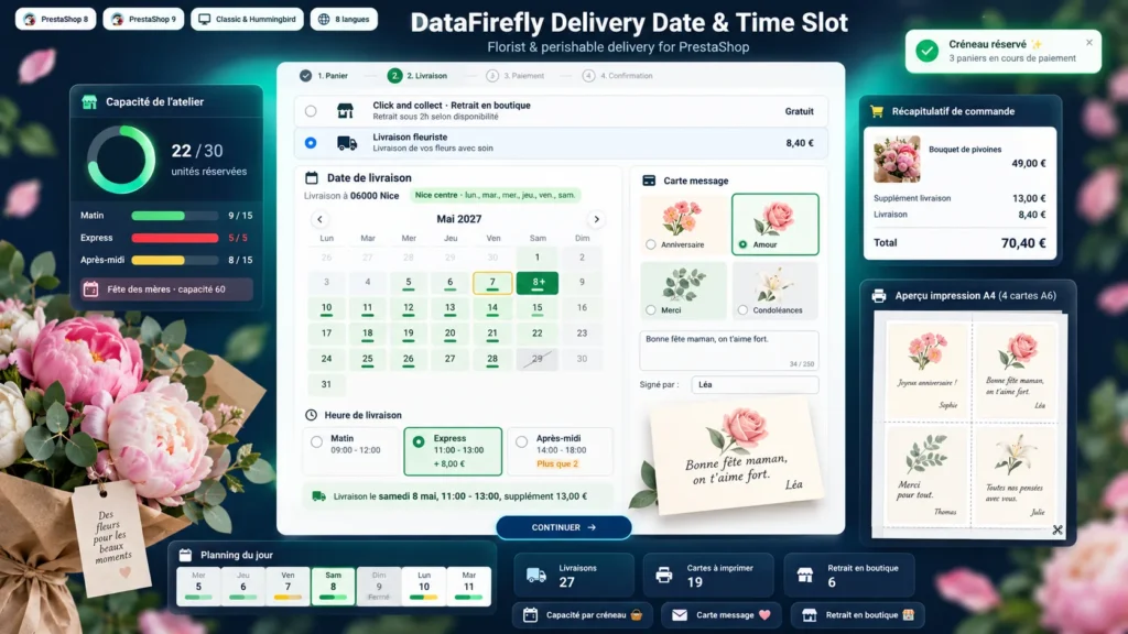 Fecha y Franja de Entrega PrestaShop 8 y 9: Módulo Floristería con Tarjeta de Mensaje