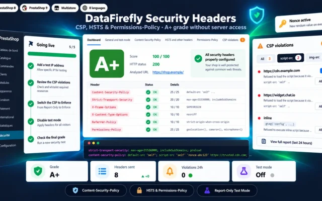 Security Headers voor PrestaShop 8 & 9: CSP, HSTS en A+-score zonder Servertoegang
