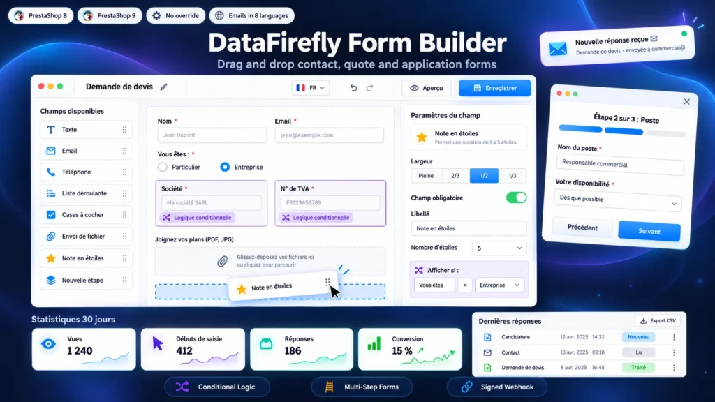 Contactformulier PrestaShop 8 & 9: Formulierbouwer met Drag & Drop voor Offertes, Sollicitaties en Inschrijvingen