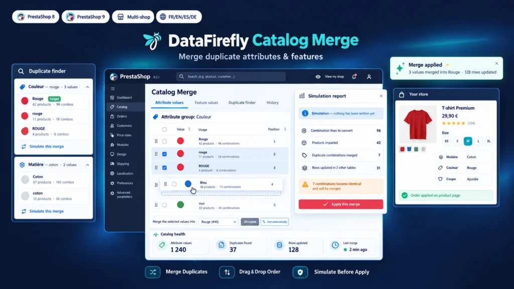 Fusion des doublons d'attributs et de caractéristiques dans PrestaShop avec DF CatalogMerge