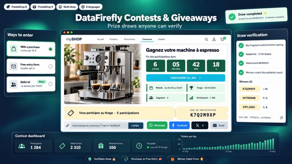 Jeu Concours PrestaShop 8 & 9 : Tirage au Sort Vérifiable, avec ou sans Achat