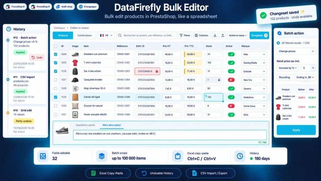 Editar Produtos em Massa no PrestaShop 8 e 9: Editor tipo Excel