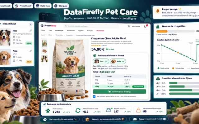 Módulo Tienda de Mascotas PrestaShop 8 y 9: Perfil de Mascota, Ración de Pienso y Recompra